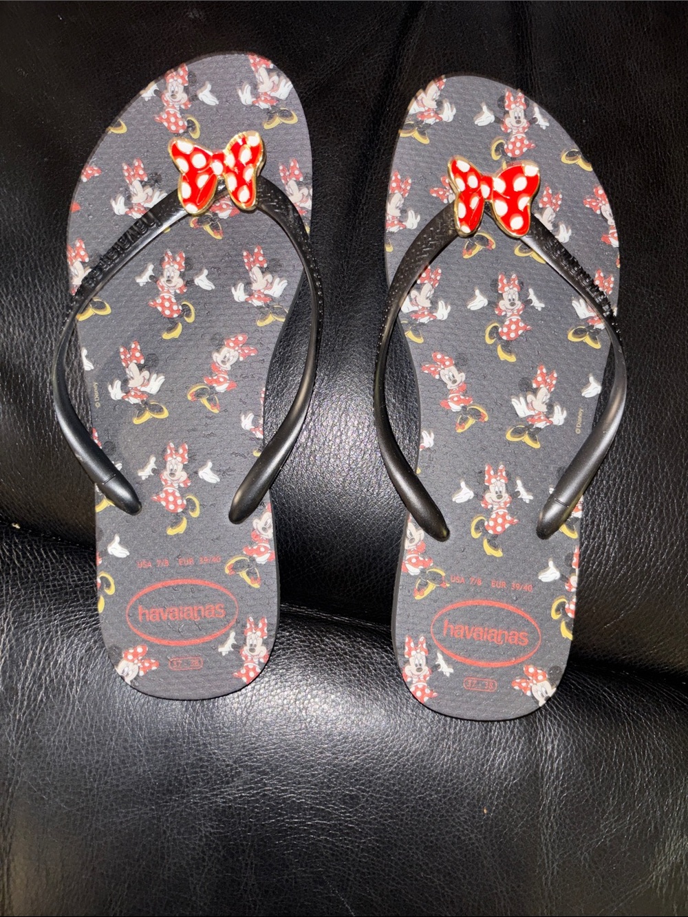 Havaianas Black Flip Flops with Red Polka Dot Minnie Bows